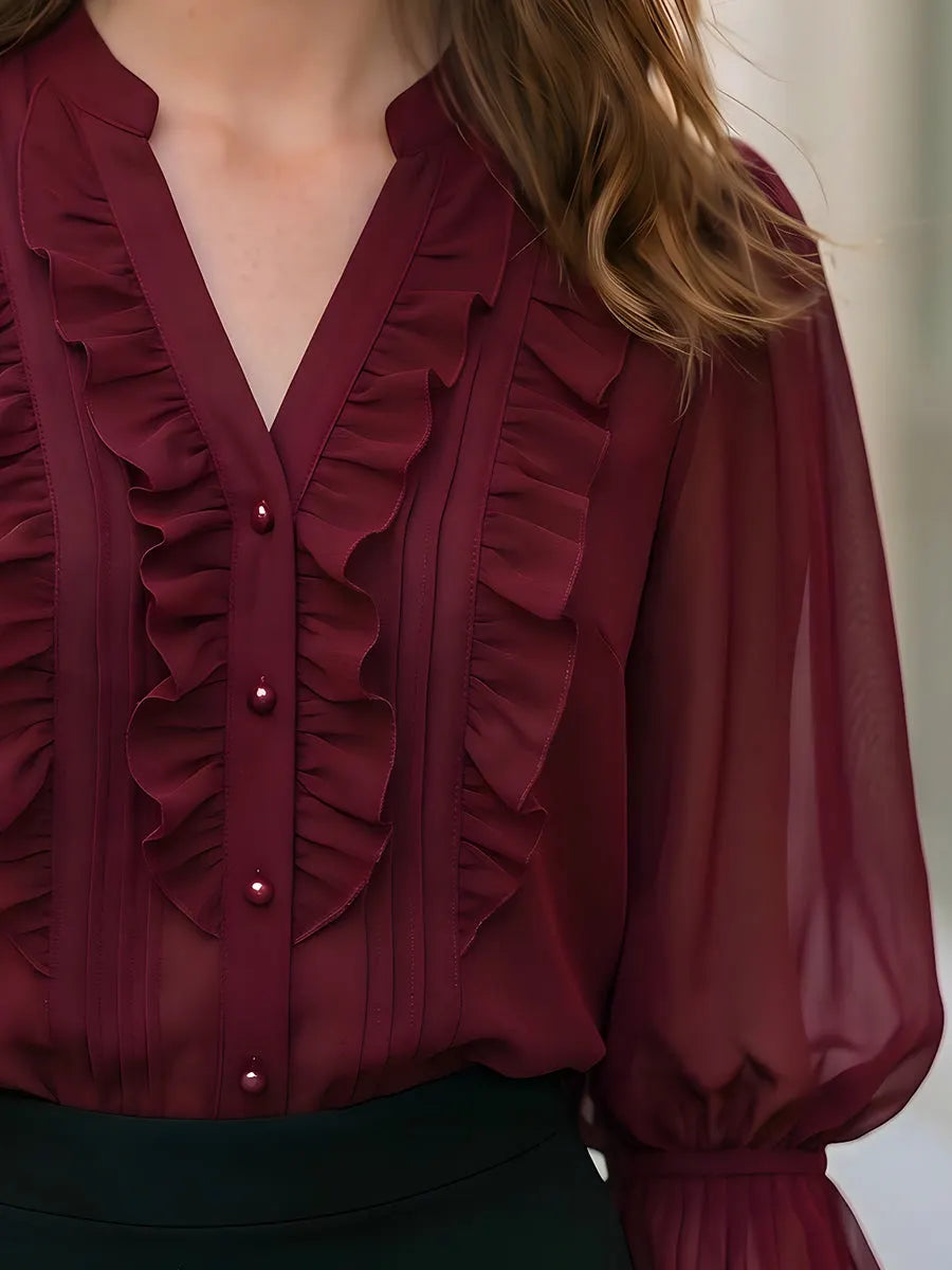 Ruffled V-Neck Chiffon Blouse