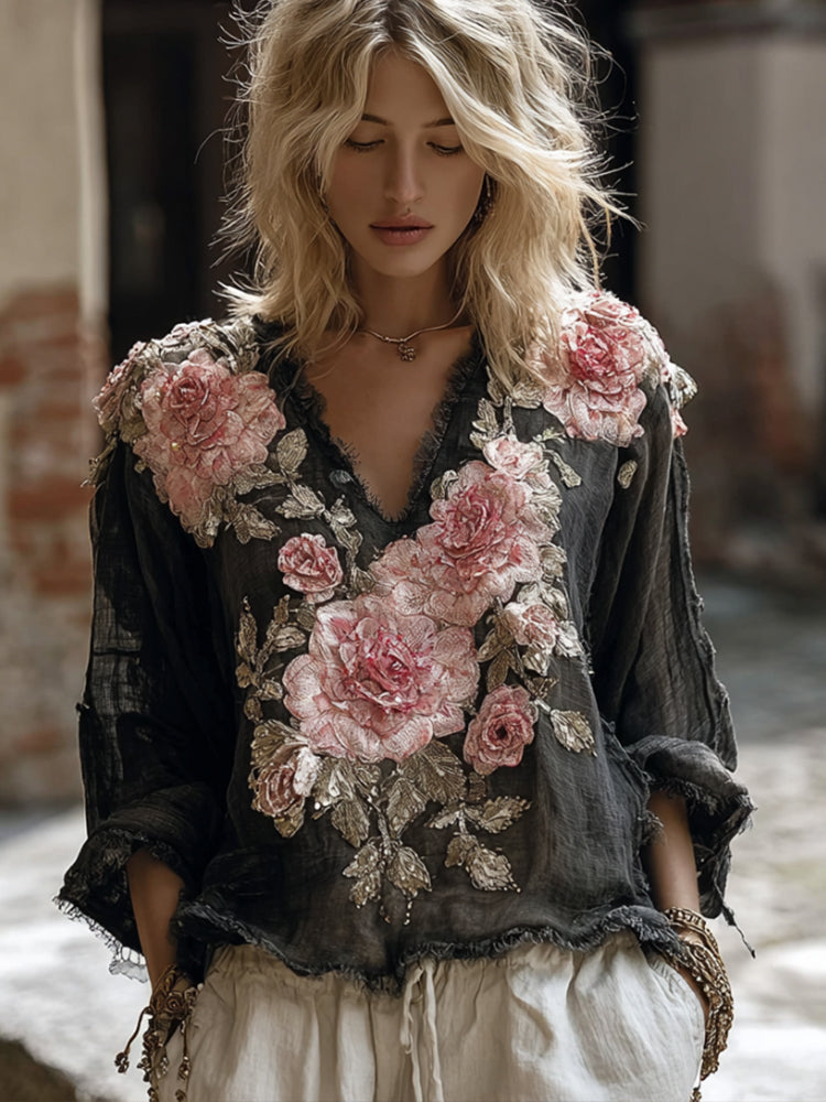 Bohème Pink Rose Embroidery V-neck Long-sleeved Top