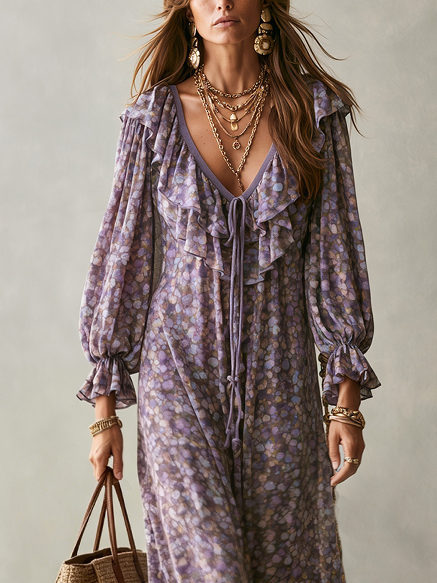 Romantic Lavender Ruffle Tie-Front Maxi Dress