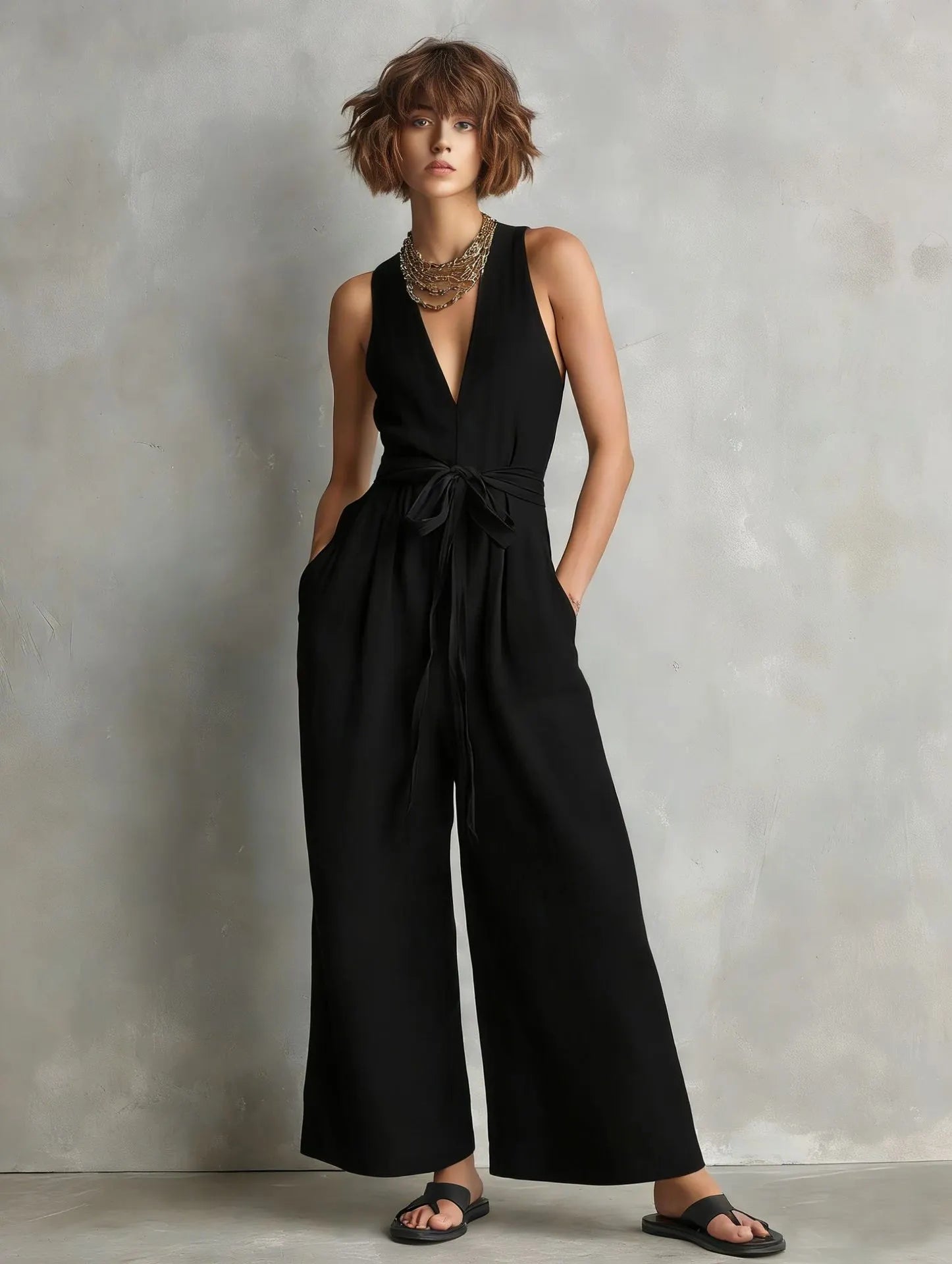Gurtons Elegant Waist-Knot Jumpsuit - Sleeveless Wide-Leg One-Piece Quiet Luxury Set