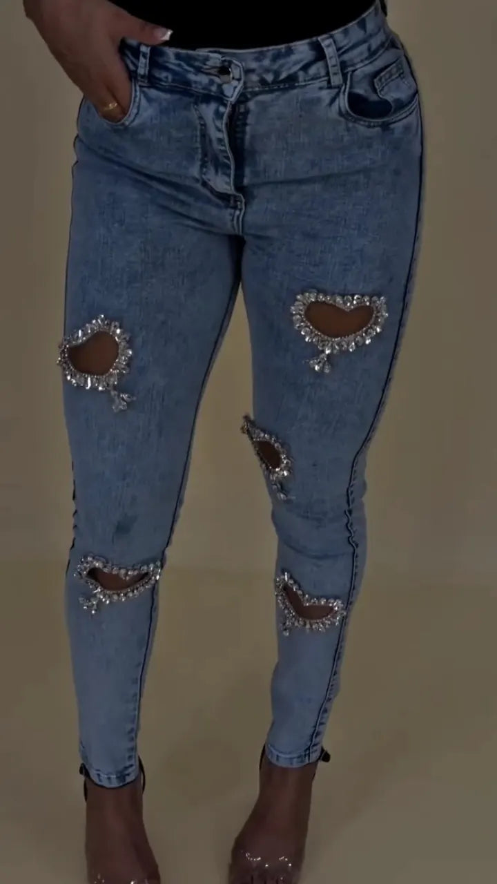 Light Blue Heart-Shaped Rhinestone Cutout Skinny Jeanss