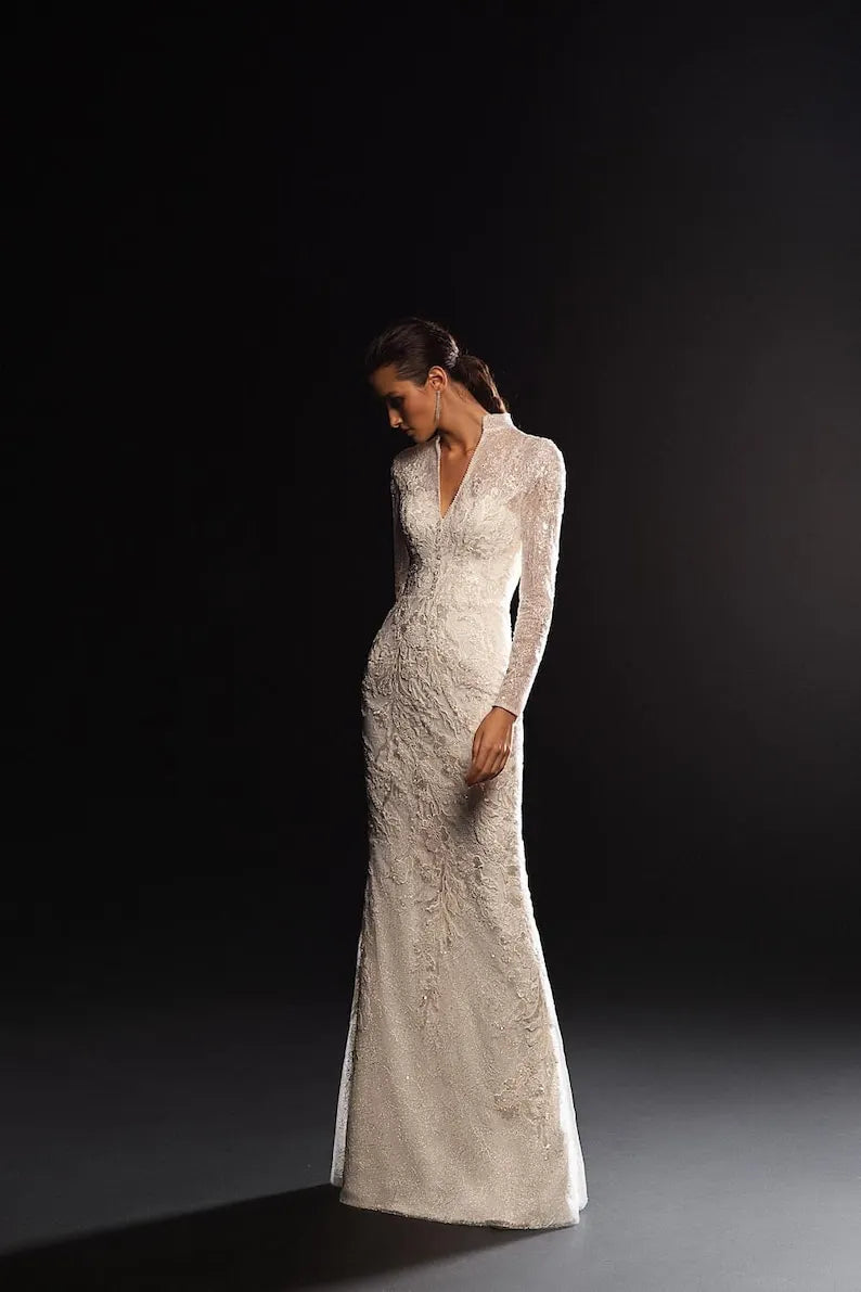 Mermaid wedding dress, V-neck high-neck long-sleeved wedding dress, two-in-one sparkling wedding dress