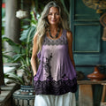 Vintage Boho Lavender Gradient Patchwork Art Print Women's Linen Tank Top
