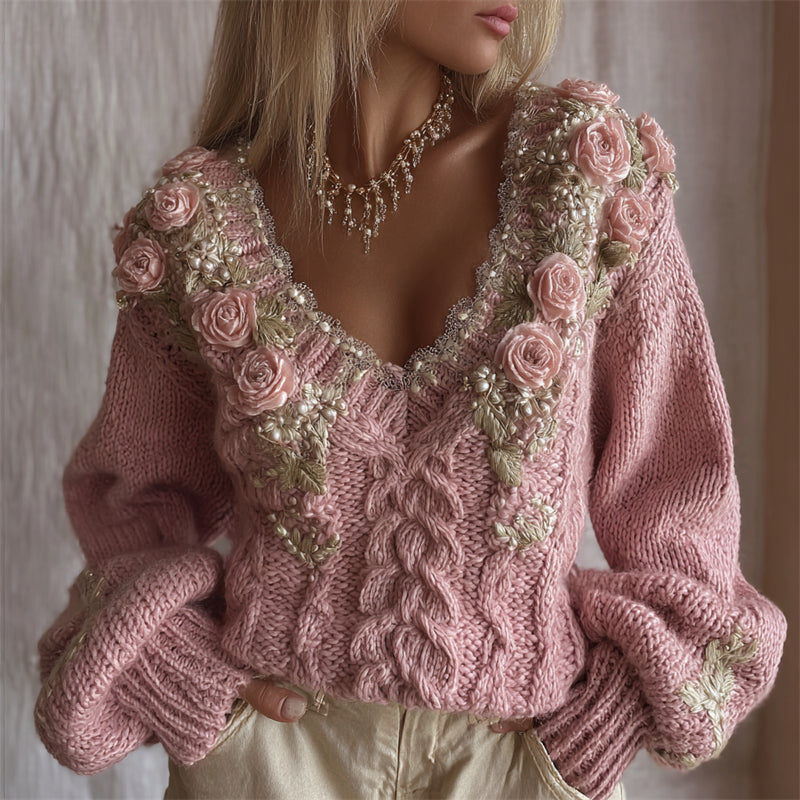 Vintage Tiny Pink Roses Glitter Cozy Cable Knit Sweater