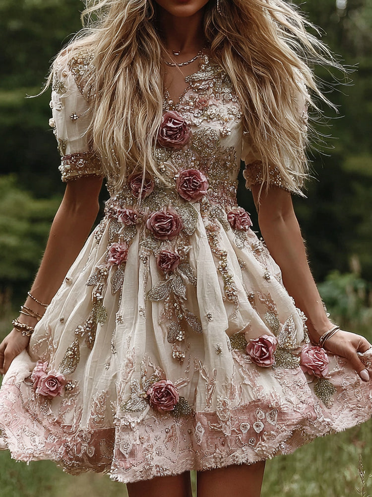 Women's Flowers Embroidery Art V-neck Short Sleeves Mini Dress
