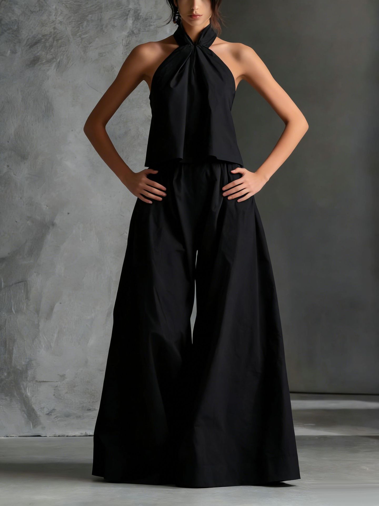 Minimalist Halter Neck Two-Piece Set - Chic Sleeveless Crop Top & High-Waisted Wide-Leg Pants Summer Suite