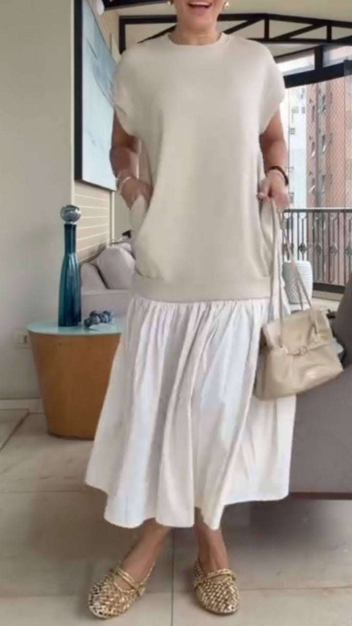 Beige Patchwork Fake Two-Piece Midi Dress