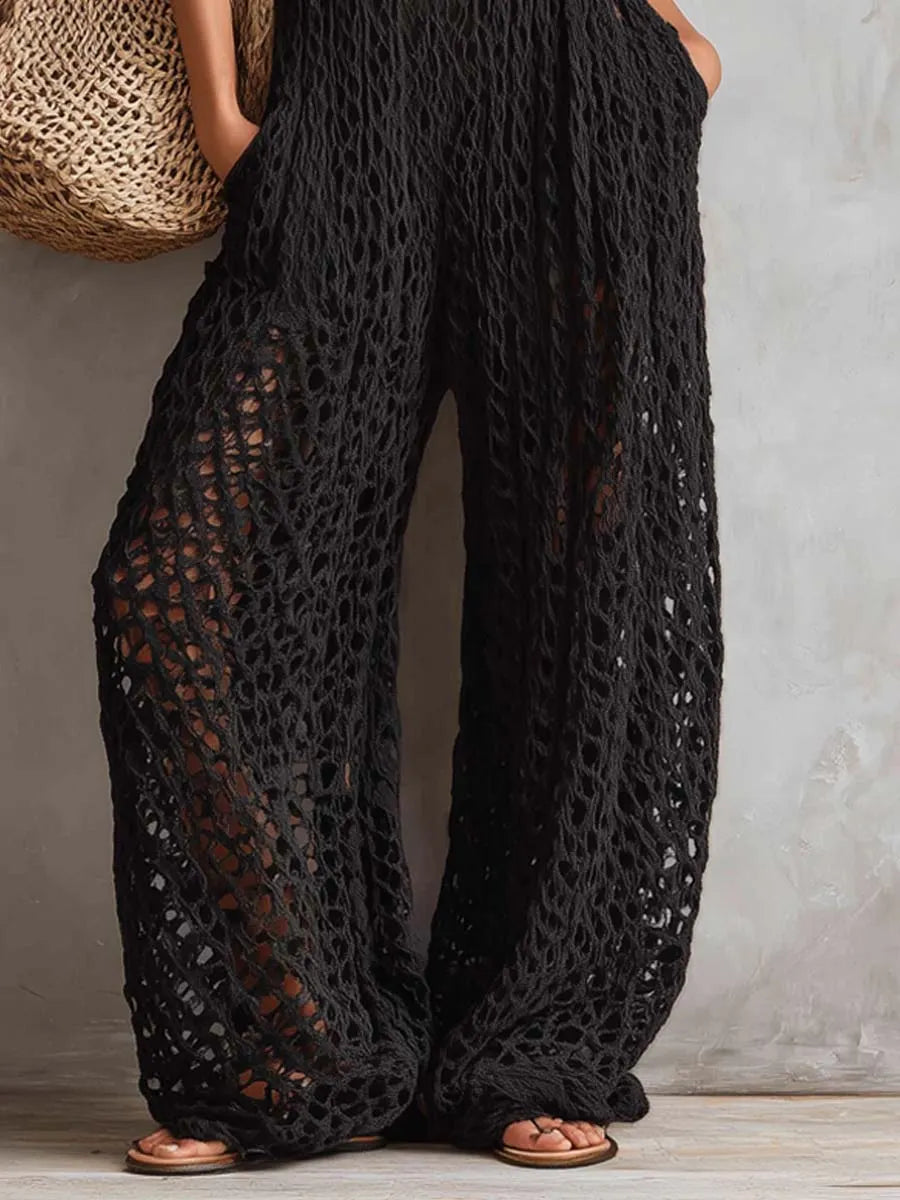 Retro Square Neckline Openwork Knit Jumpsuit