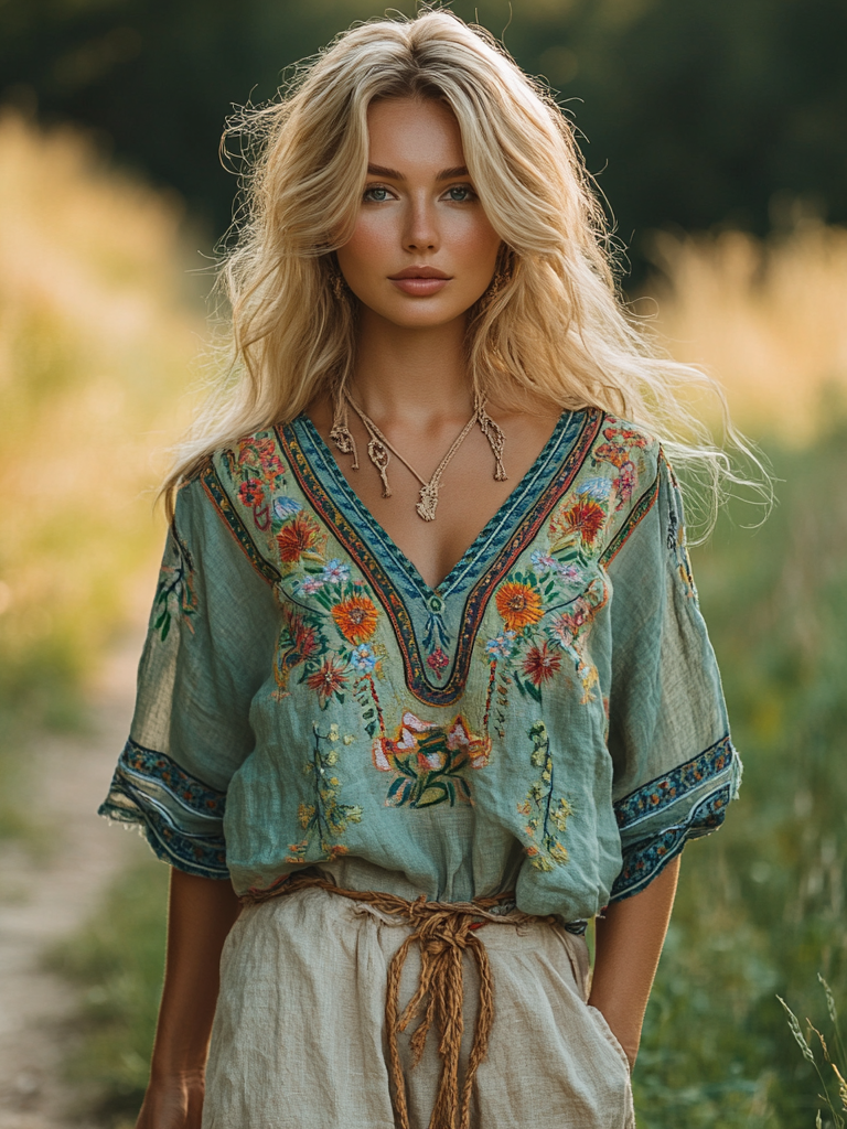 Vintage Distressed Viking Tree Of Life Linen V-neck Dress