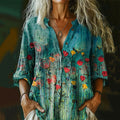 Women's Floral Art Long Sleeve  Casual Linen Henley Collar Shirt