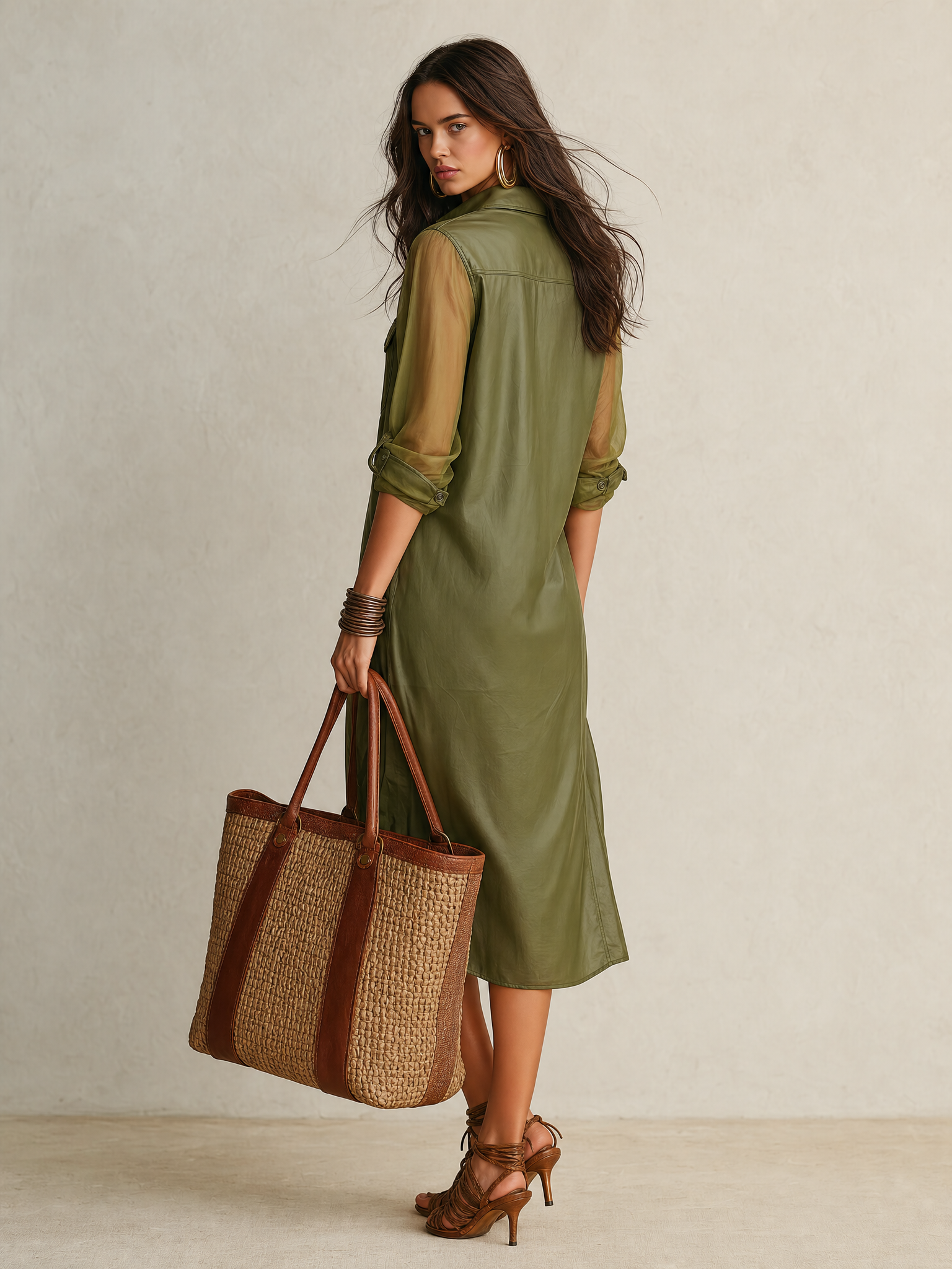 Sheer Olive Long-Sleeve Button-Front Shirt Midi Dress