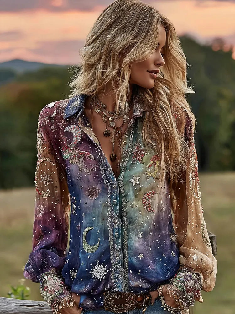 Tie-dye Star Moon Embroidered Sequined Ombre Witch Shirt