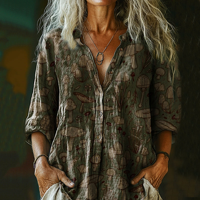 Women's Retro Mushroom Print Casual Cotton And Linen Shirt