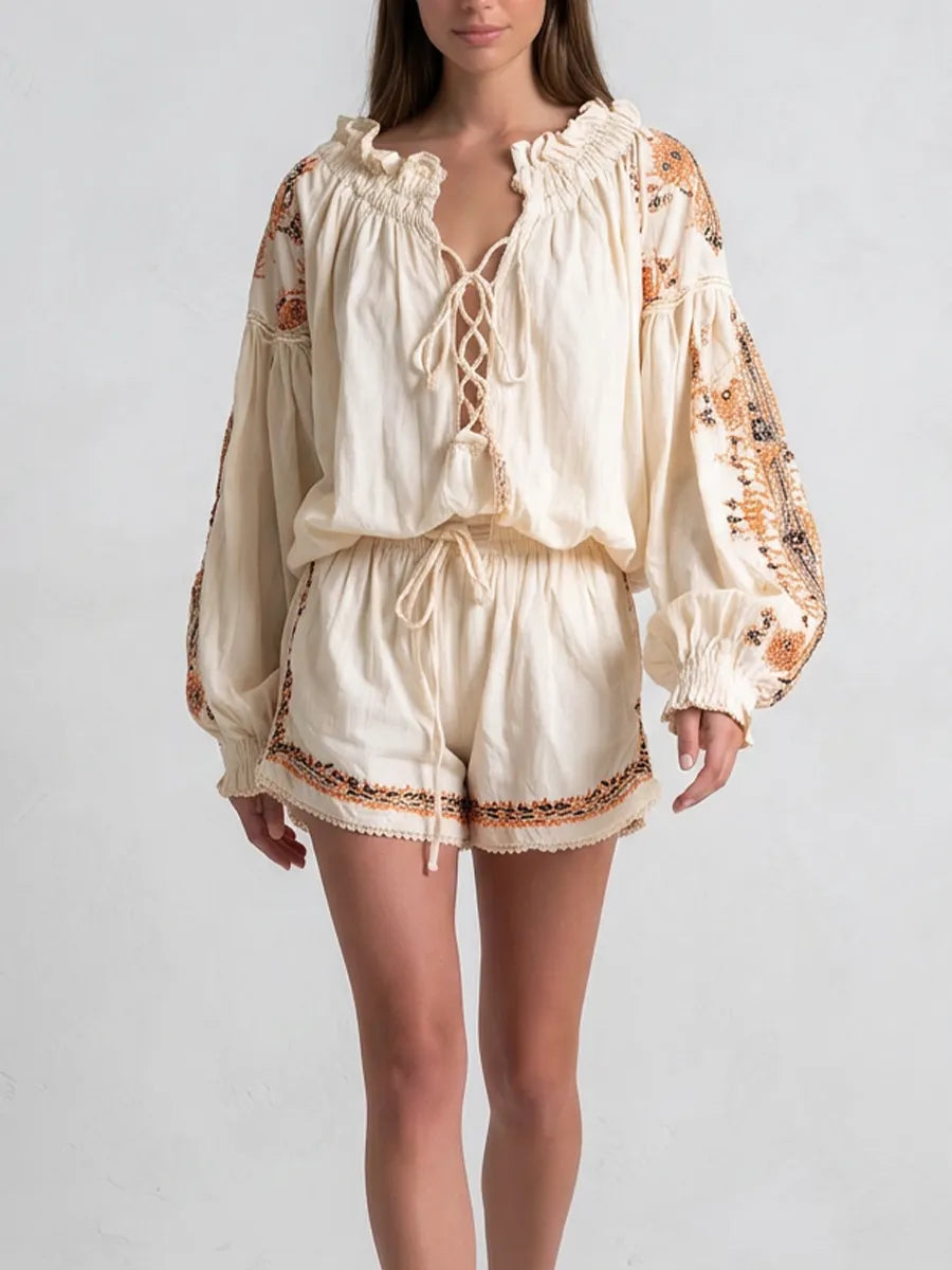 Desert-style Lace-up Bohemian Jumpsuit Shorts