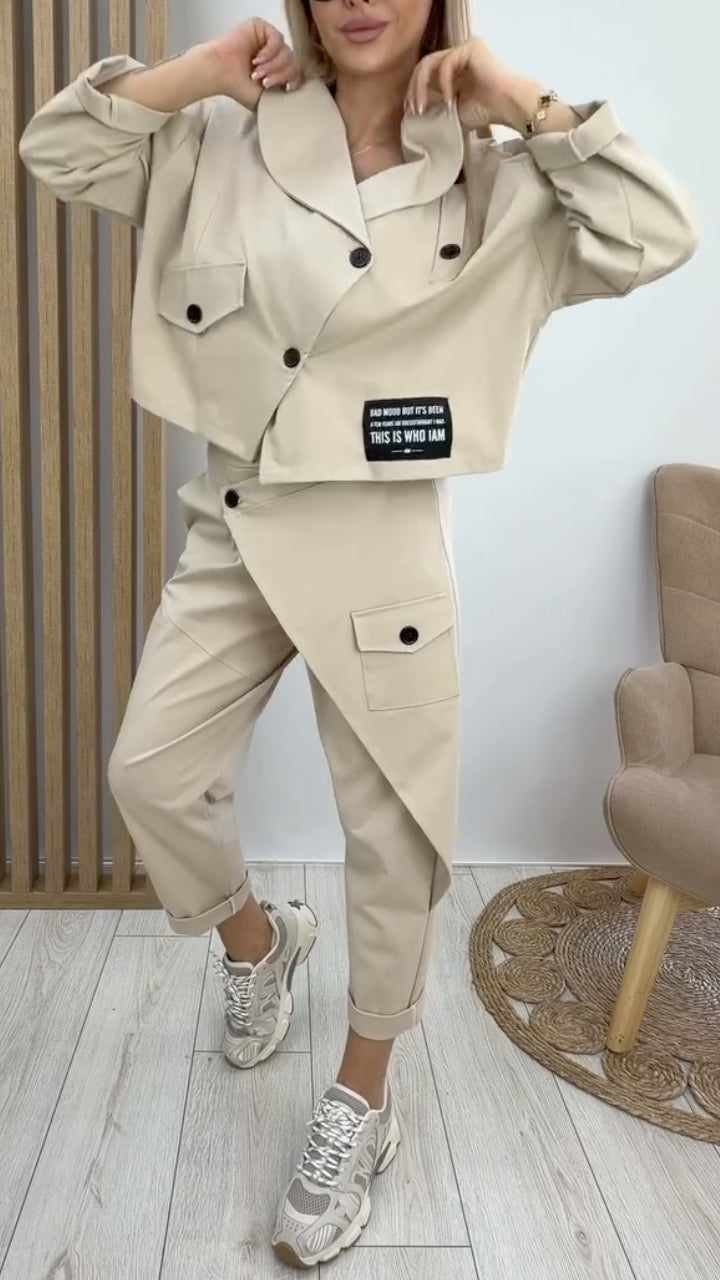 Cropped Trench Coat & Asymmetrical Wrap Cargo Pants Set