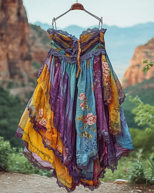 Summer Vacation Ruffle  Lace Patchwork Skirt 9c29