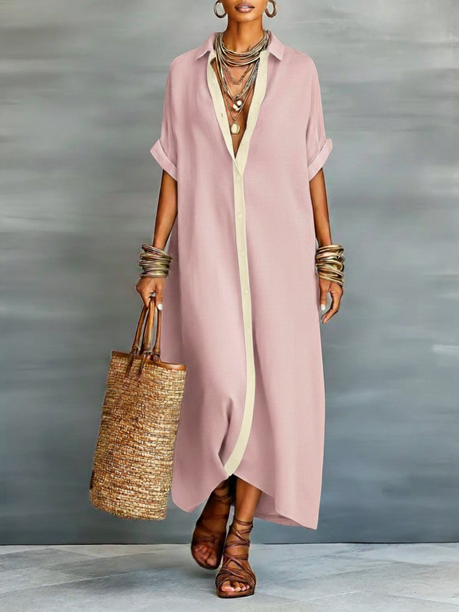 Women’s Linen & Cotton Shirt Dress – Casual Loose Fit Summer Midi Dress