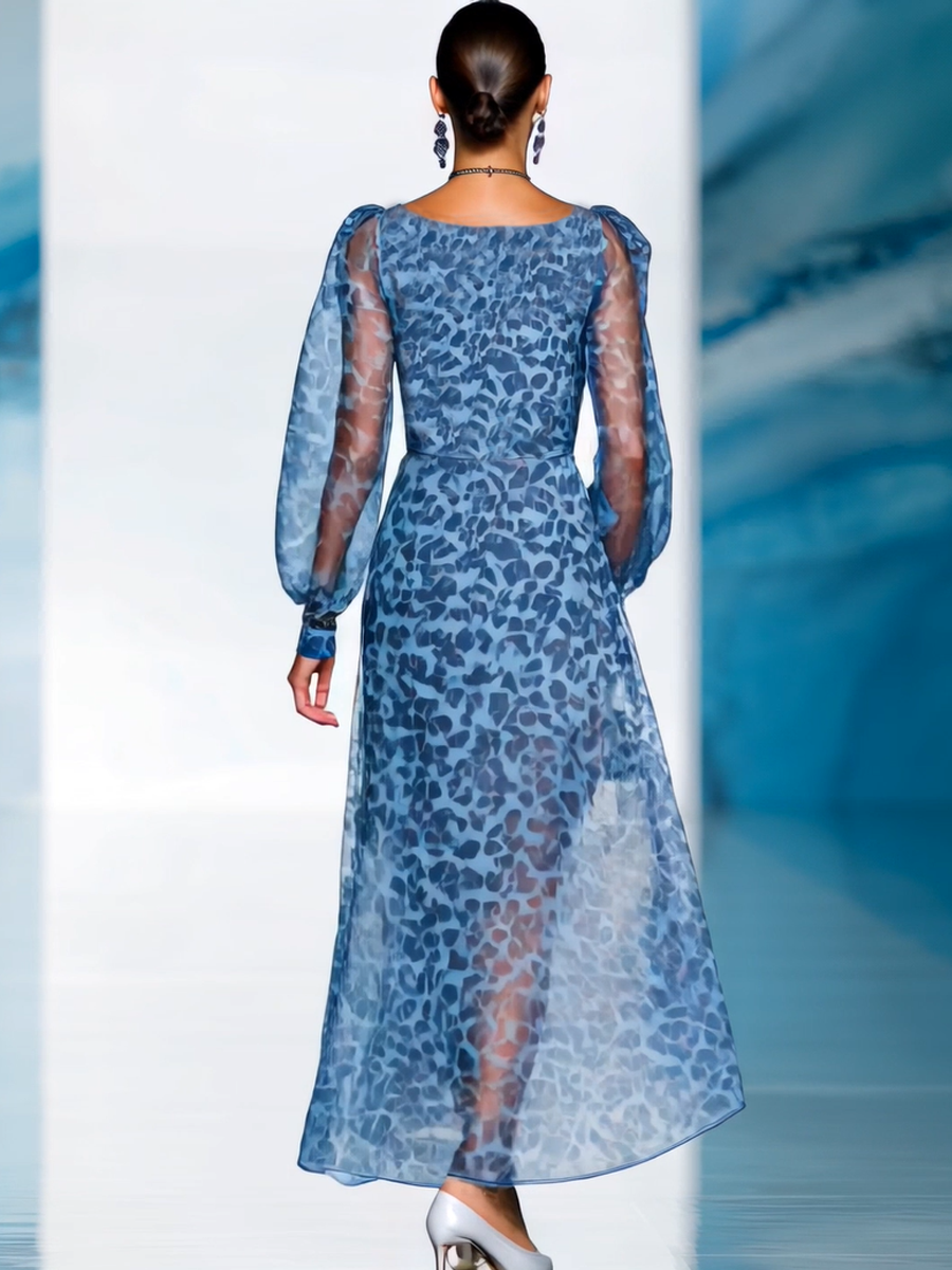 [24-hour shipping out]Elegant And Fashionable Chiffon Blue Leopard Print Long Sleeve V-neck Flowing Maxi Dress