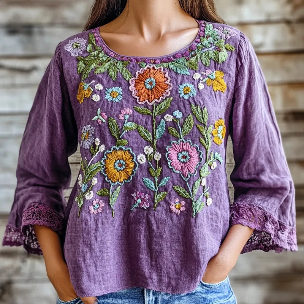 Purple Ethnic Floral Embroidery Vintage Women's Linen Shirt