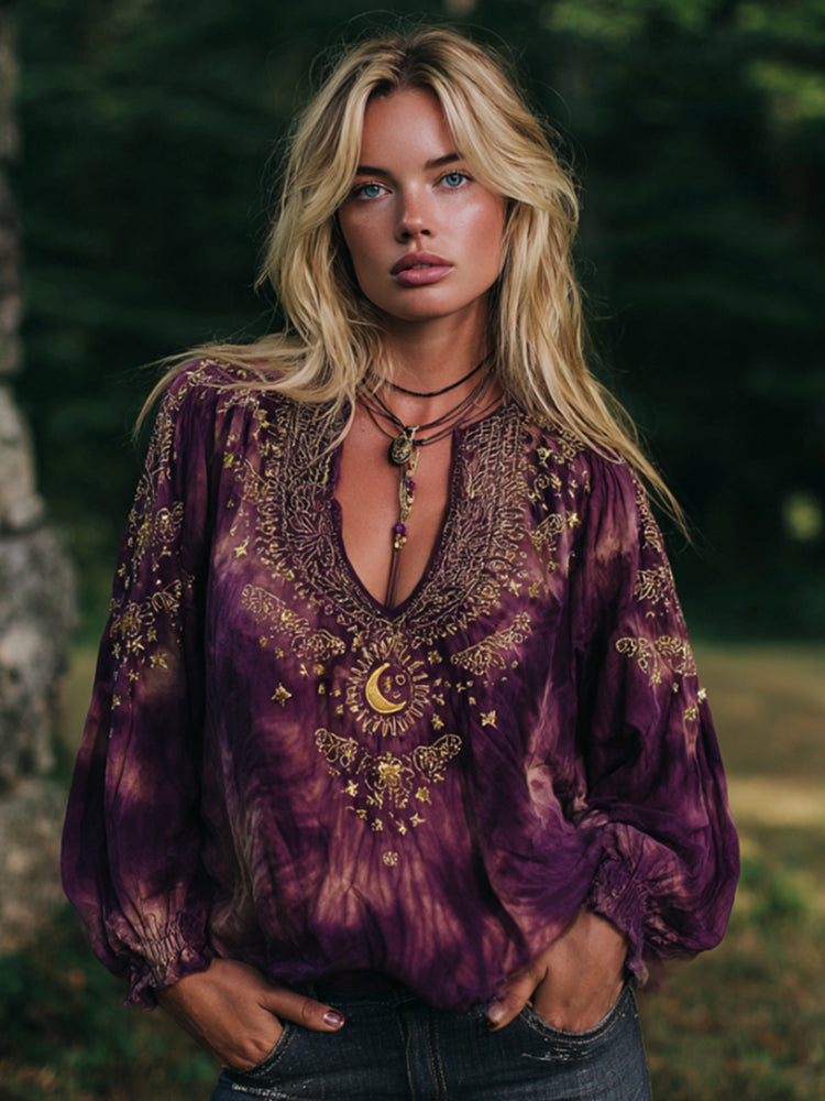 Woman's Mysterious Moon Golden Print Tie-dyed V-neck Linen Top