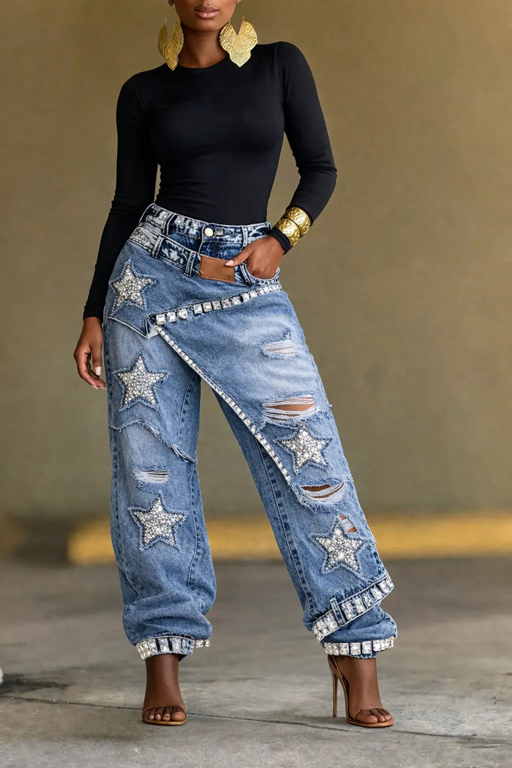 Light Blue Star Rhinestone Distressed Baggy Jeans