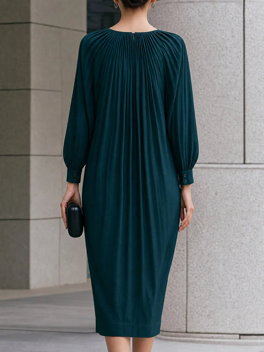 Elegant Pleated Lantern-Sleeve Midi Dress