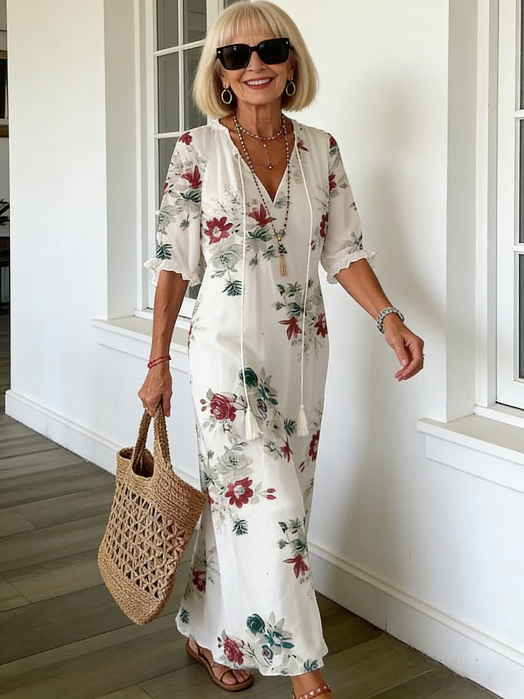 Half Sleeve Floral Print Summer Fall V Neck Casual Geometric Printed Dress