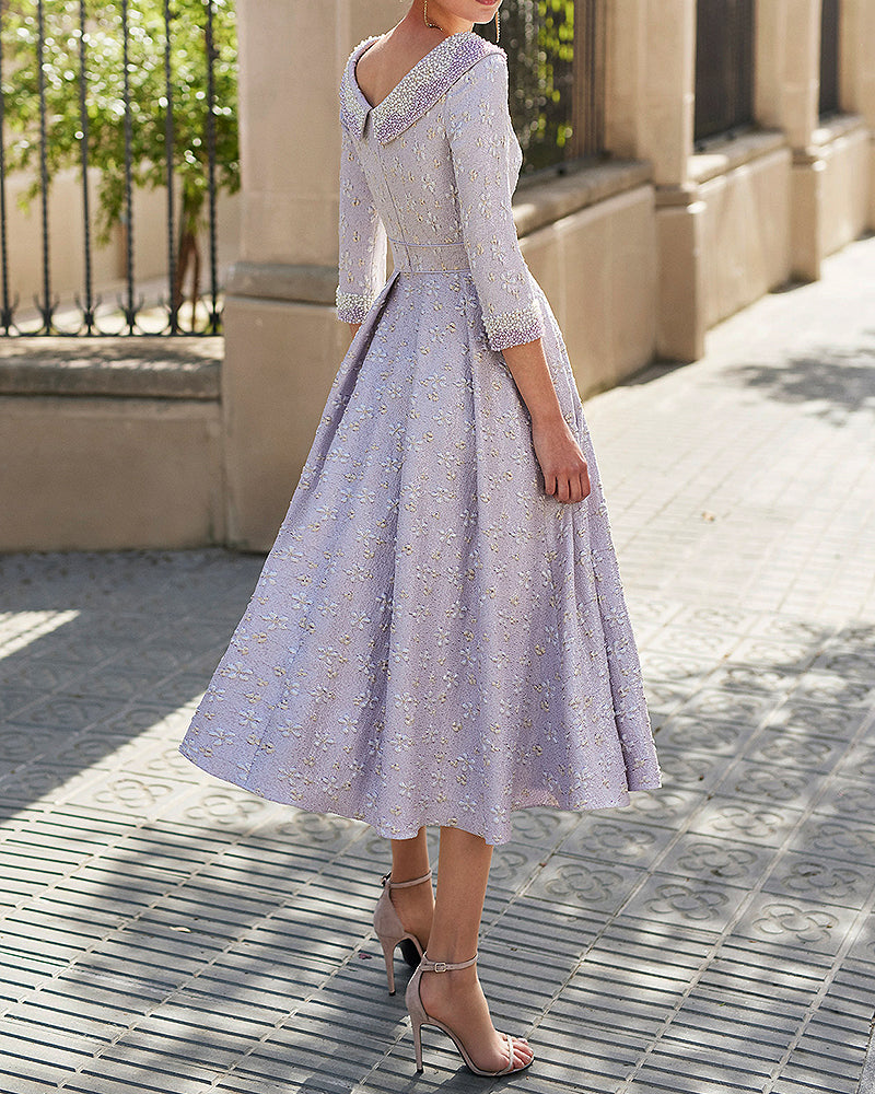 Women's Elegant Jacquard Butterfly Satin Midi Dress - 01