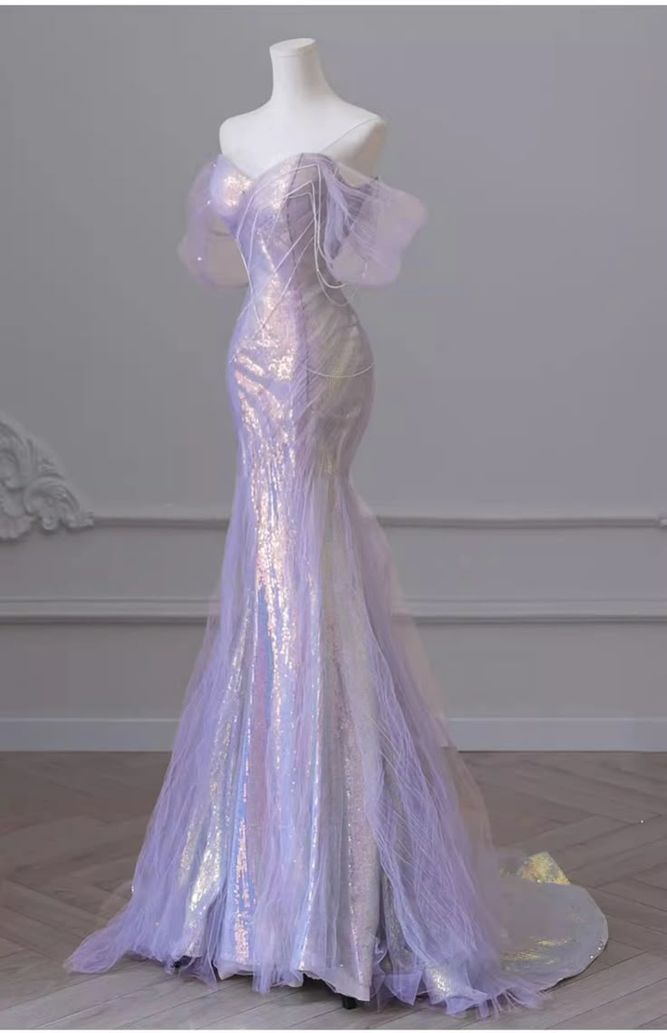 Sexy Purple Laser Sequin Beaded Mermaid Women Evening Dress with Puff Sleeves Tassel Pearls Tulle Train Prom Gown Formal Dress