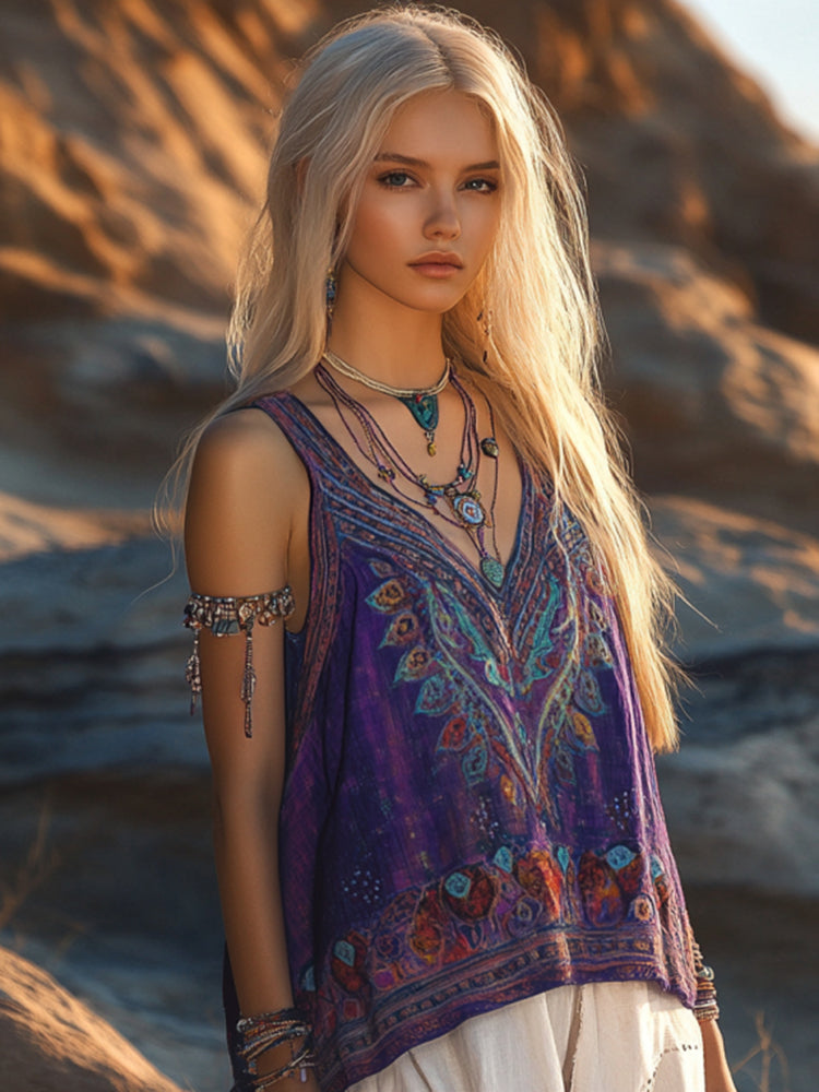 Women's Retro Floral Ethnic Style Bohemia Linen V-neek Sleeveless Top