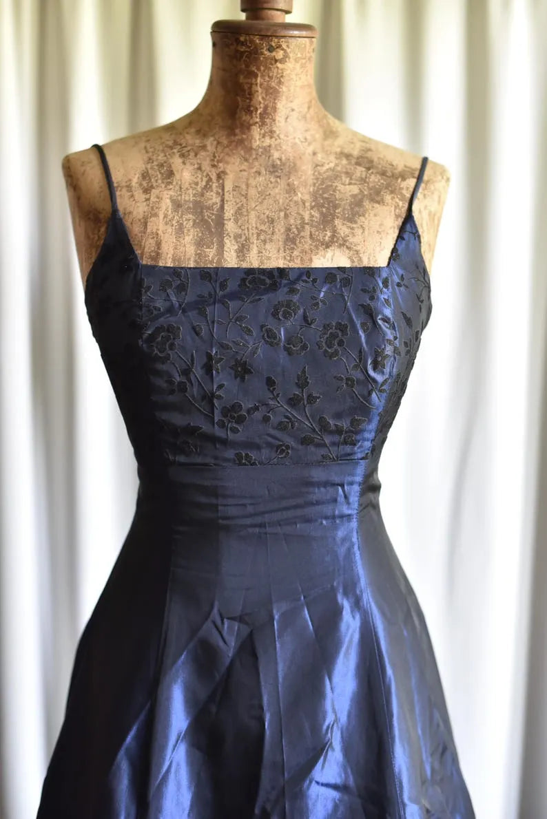 Royal Blue Metallic Y2K Vintage Empire Waist Floral Gothic Fantasy Fairycore Special Occasion Maxi Dress