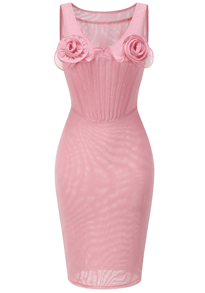 Floral Bustier Structured Midi Dress Pink