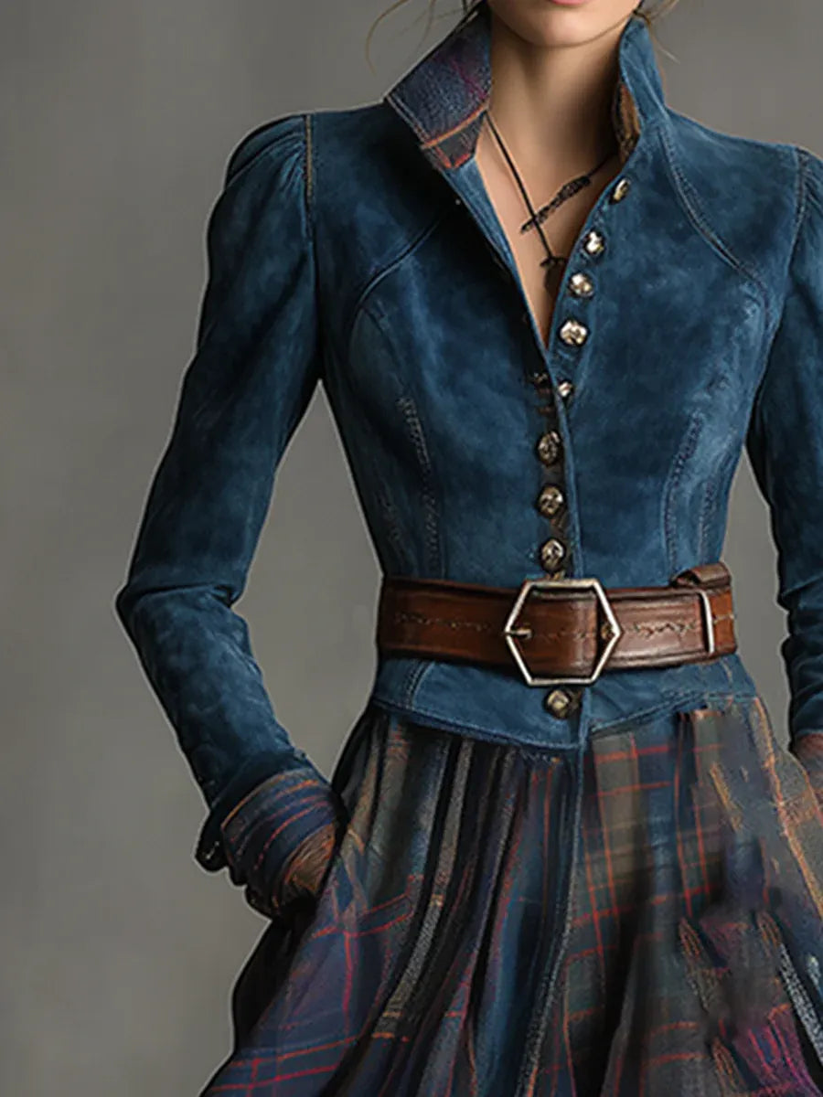 Retro Ethnic Style Blue Faux Suede Plaid Maxi Dress