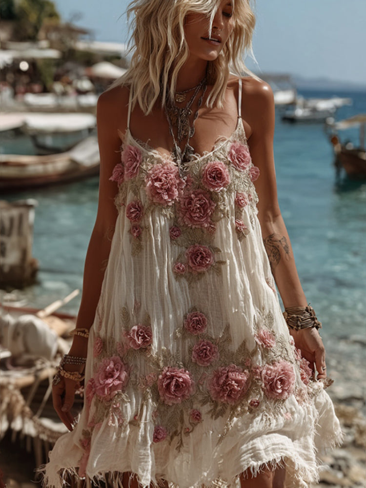 Women's Vintage Floral Embroidery Art Comfy Linen Mini Dress