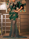 Elegant Long Sleeve Floral Printed Falbala Mesh Wrap Maxi Dress