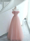 Pink Tulle Scoop A-line Floor Length Party Dress, Pink Off Shoulder Formal Dress Prom Dress    25013