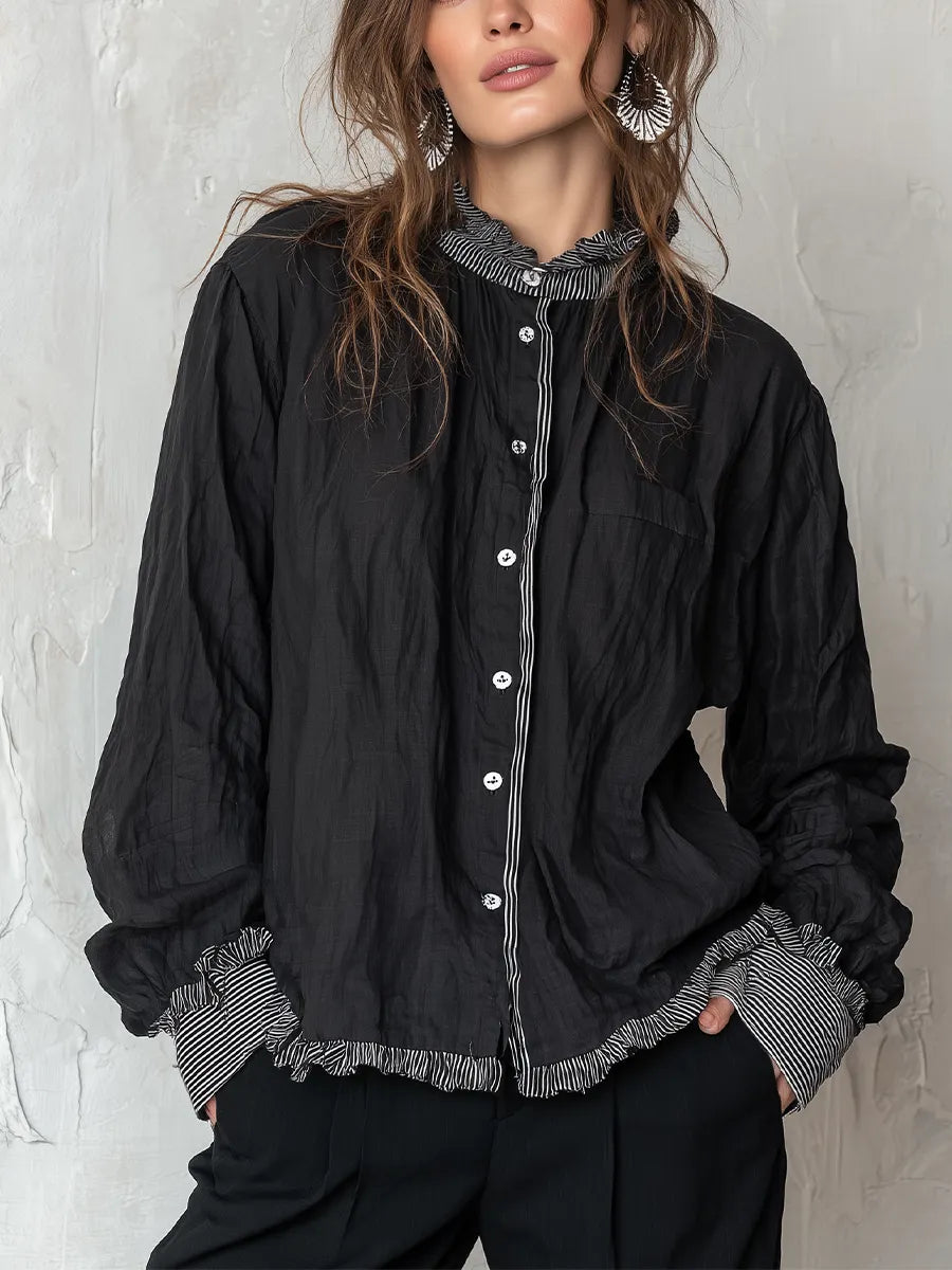 Relaxed Black Striped Trim Button-Up Shirt