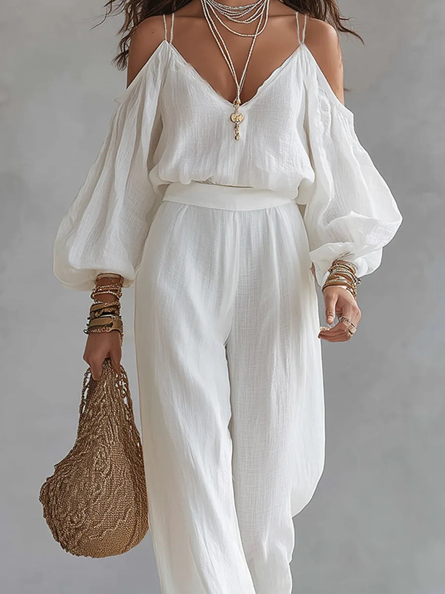 Bohemian Style White Cotton Linen Camisole Top And Wide-leg Pants Set