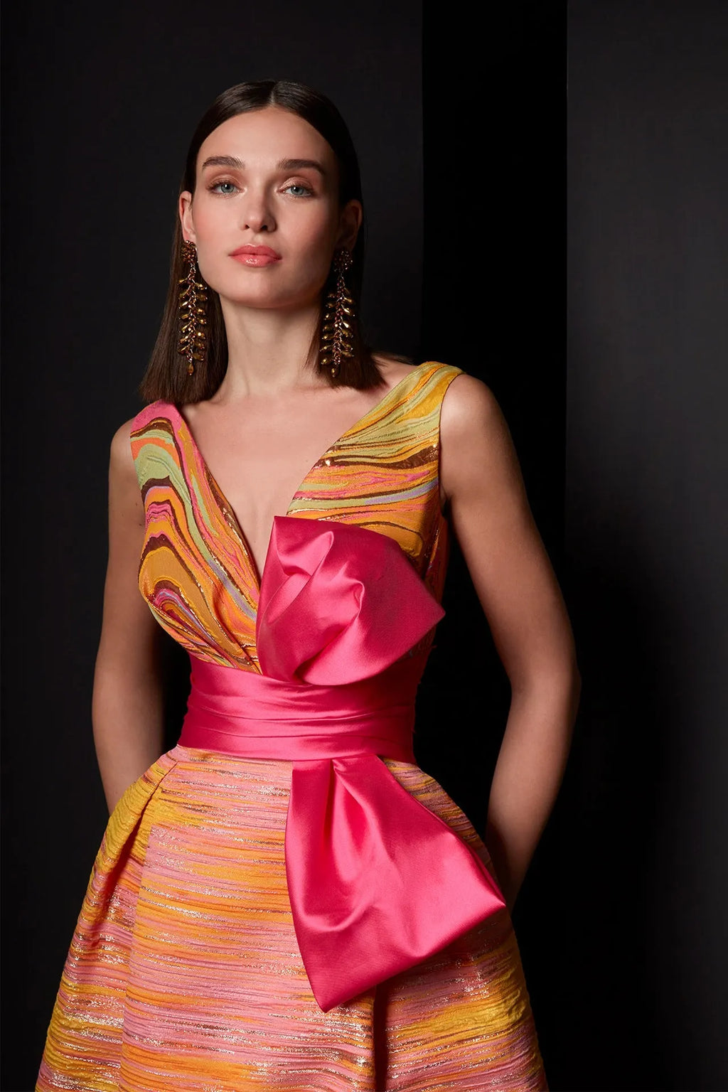 Bow belted fantasy brocade dress