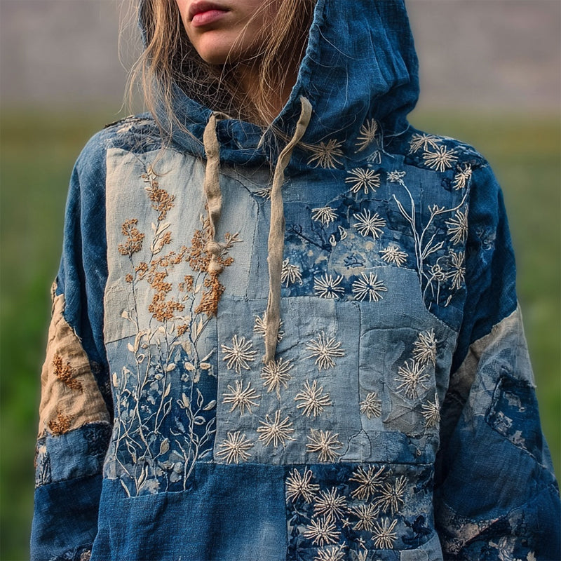 Vintage Boho Floral Embroidered Patchwork Cozy Hoodie