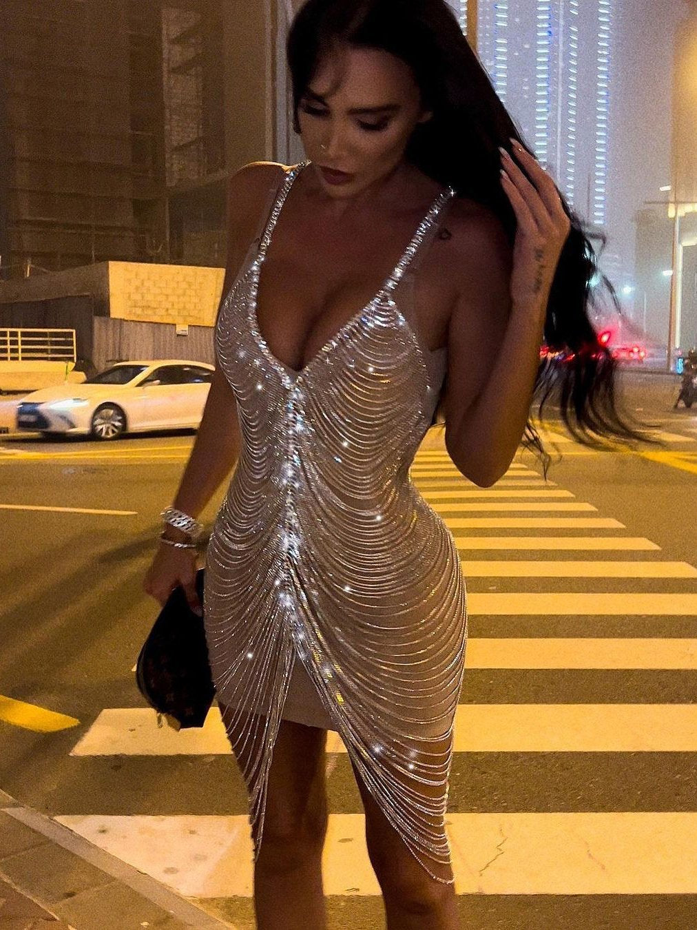Neosepa-Gorgeous Layered Chain Slinky Shimmering Mini Slip Dress
