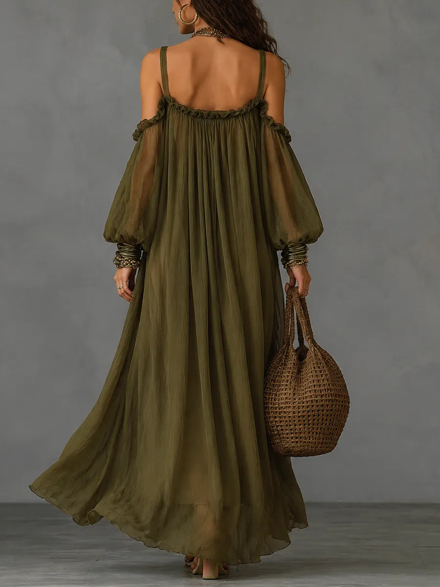 Stylish Olive Off-Shoulder Long Dress