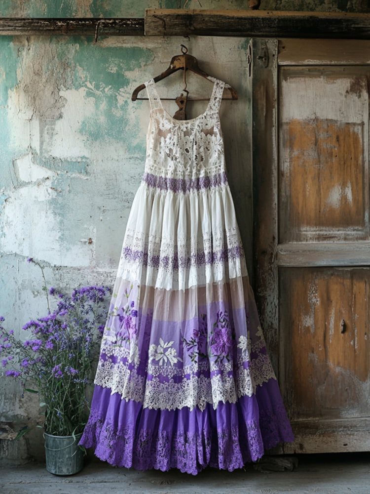 Boho Gradient Lavender Embroidered Pattern Lace Linen Dress