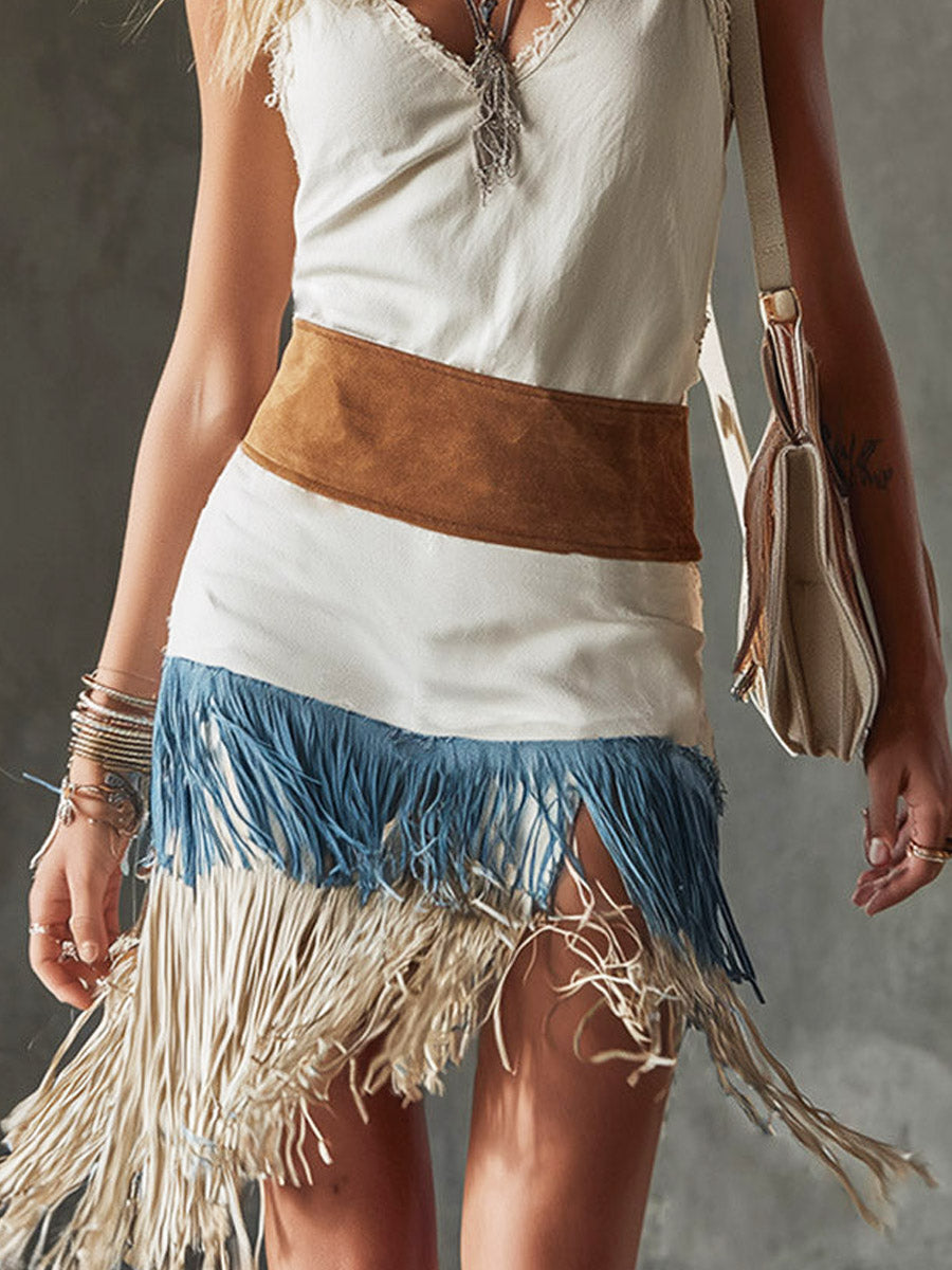Women's Retro Tassel Art Casual Stylish Patchwork Short Dress