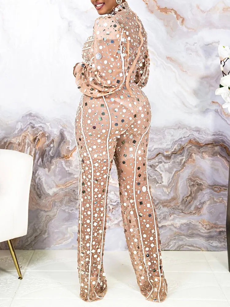 Round-Neck Sequined Puff Long Sleeve Empire Straight Leg Jumpsuits