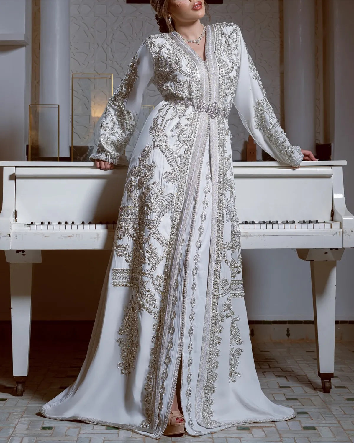 Women's V-Neck Long Sleeve Embroidered Kaftan Dress