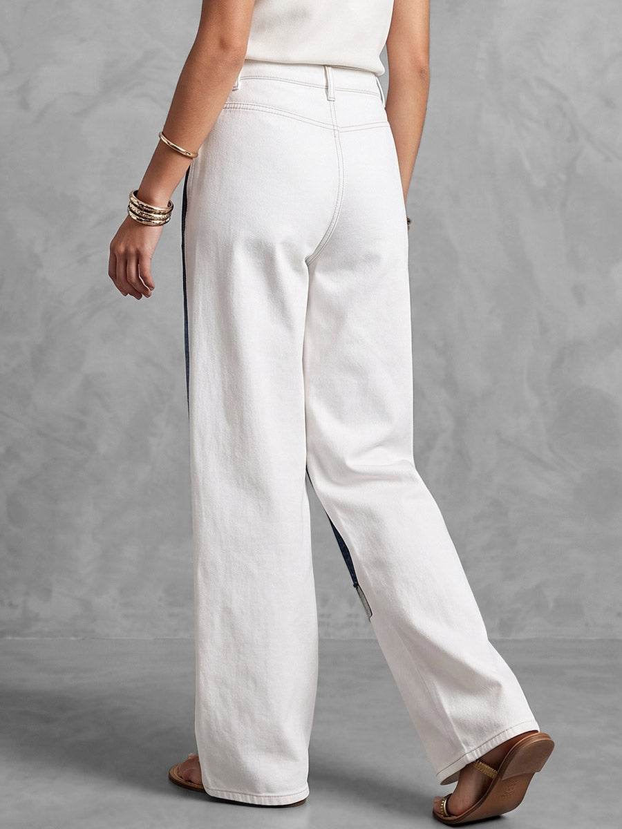 Printed Pockets Contrast Color Buttoned Wide Leg High Waisted Trousers Pants