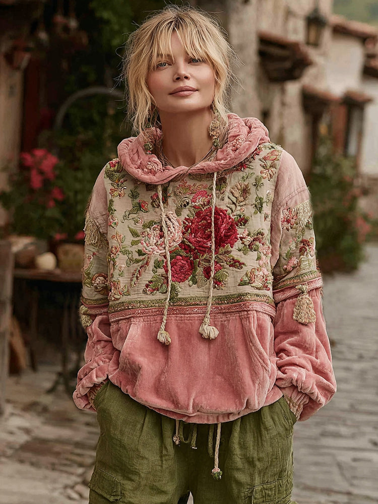 Women's Vintage Floral Embroidery Art Casual Hoodie