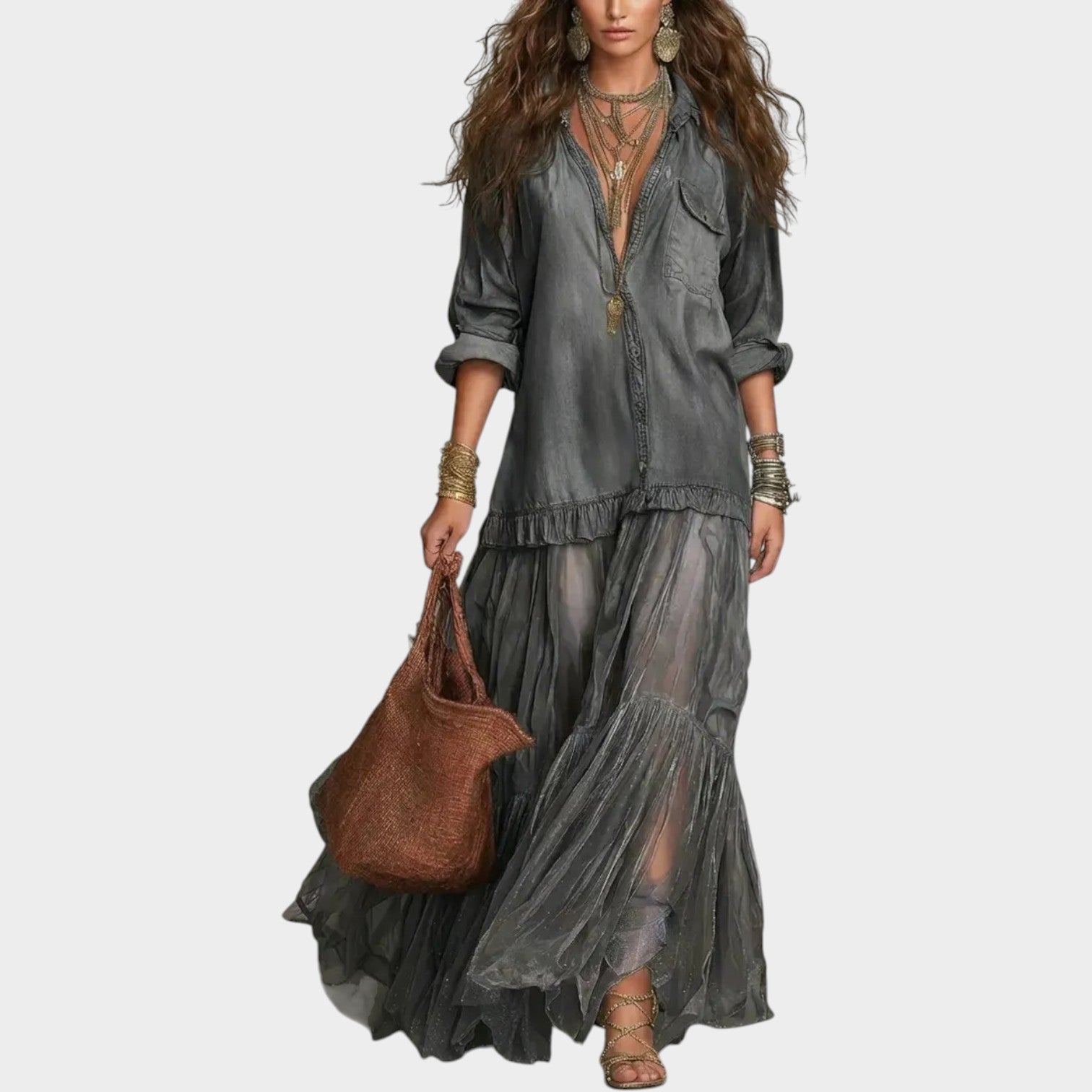 Boho Denim & Sheer Maxi Dress
