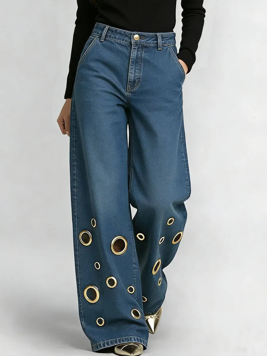 Women's Trendy High-Waist Wide-Leg Jeans - Retro Grommet Eyelet Streetwear Denim Pants